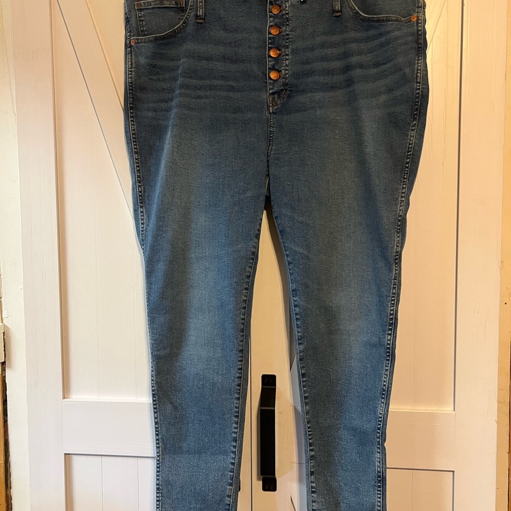 Madewell Blue High Rise Jeans Slim Fit Super Stretch Raw Hem 10” W 36 New!